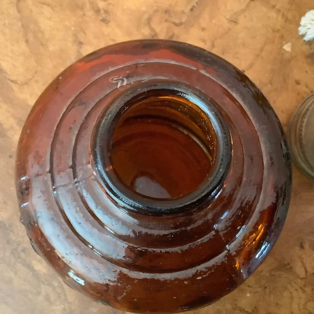 Vintage 7.5 Inch Amber Glass Oil Lamp With Fruit Details Read